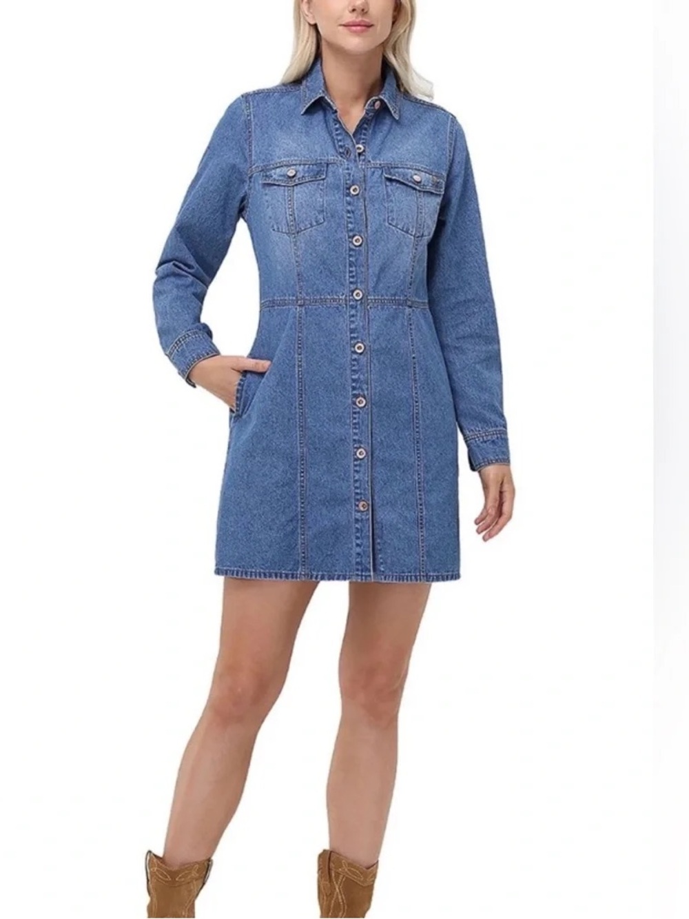 Frye Denim Shirt Dress Button Front Western Style Medium Wash Size L